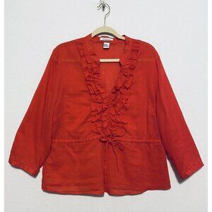 Richard Malcom Womens Ruffle Top Drawstring Waist 3/4 Sleeve Linen Blend Large